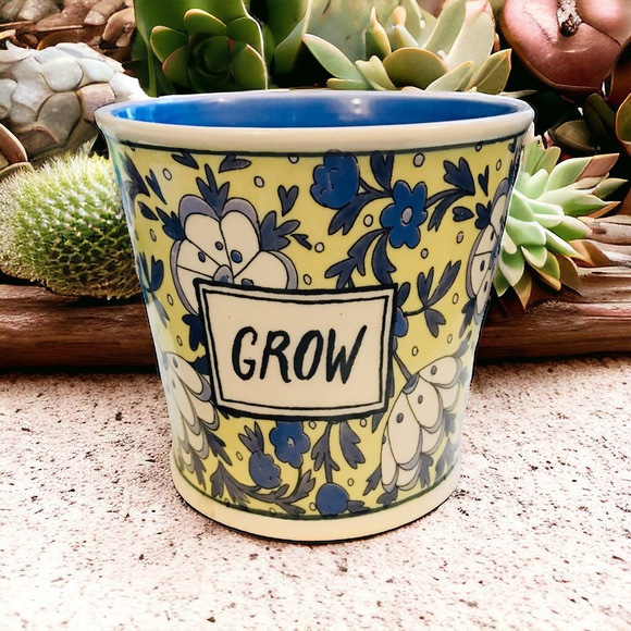 Molly Hatch Anthropologie GROW Flower Pot Planter 4" Take Root Blue Yellow - Picture 1 of 10